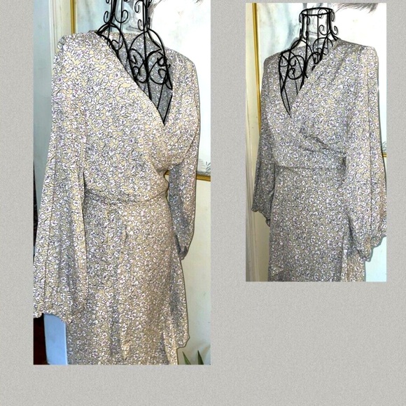 SUPREME FASHION "KHAKI" FLORAL PRINT WRAP DRESS W/RUFFLE DETAILING~MISSES LARGE - Picture 3 of 5